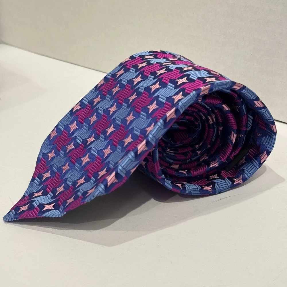 DUCHAMP London DL Luxury Necktie Tie Ties Mens Unisex SILK Pink Blue‎ Geometric